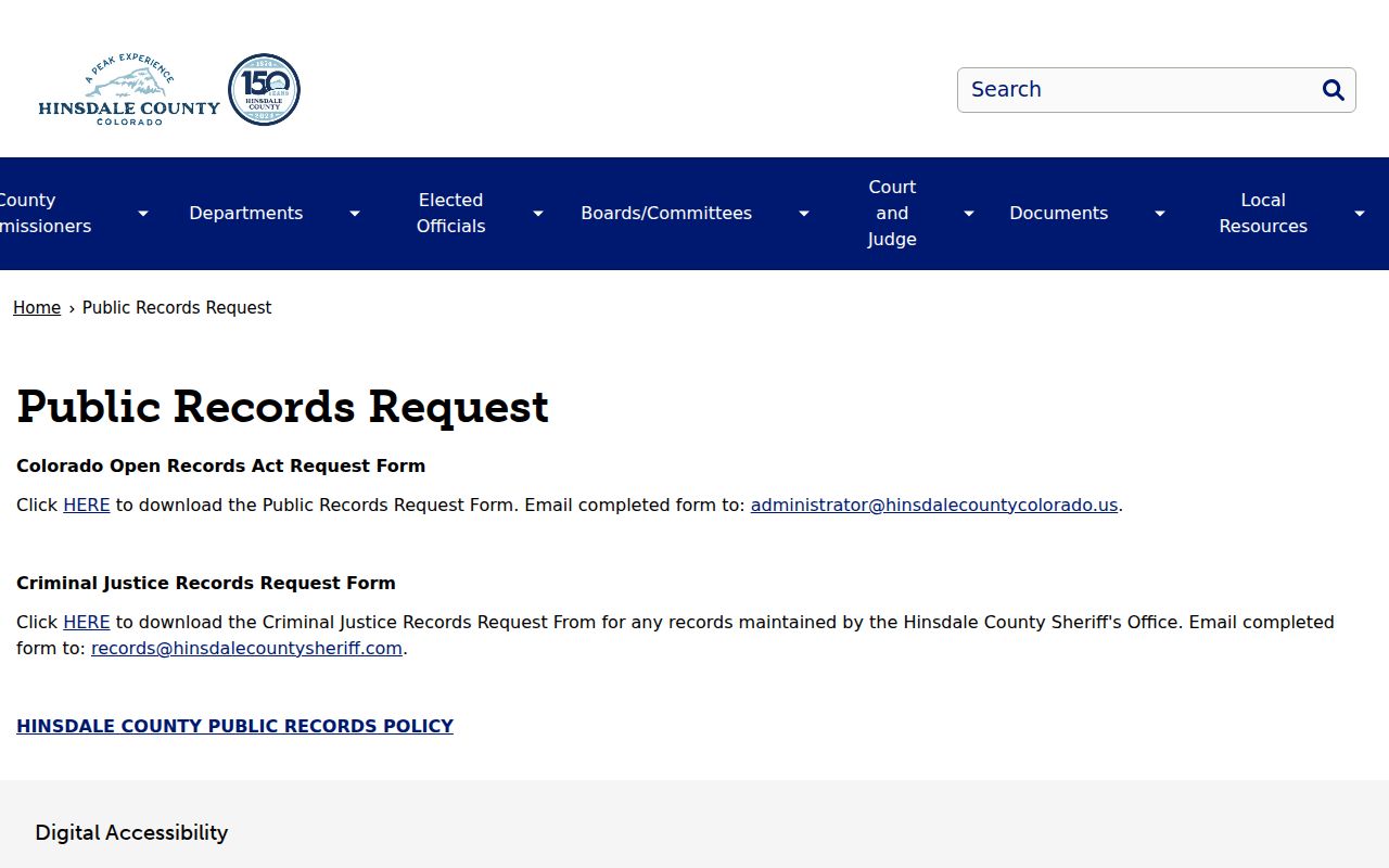 Hinsdale County Clerk of Court records and county CORA request page