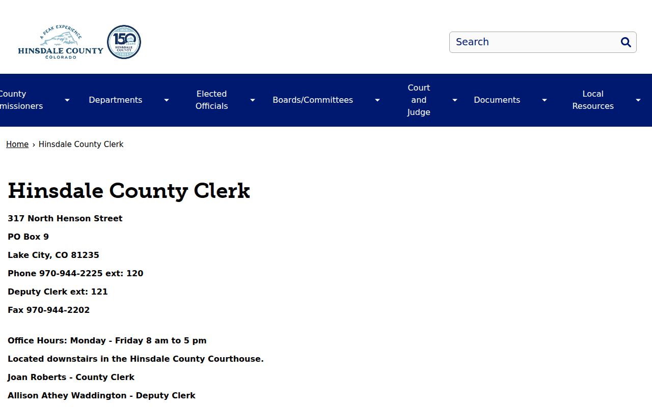 Hinsdale County Clerk of Court records and County Clerk and Recorder page