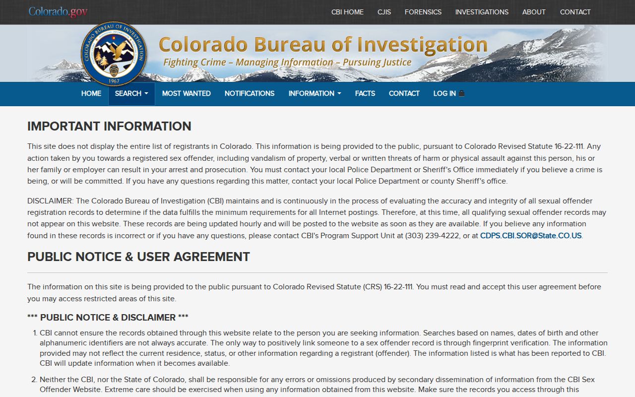 Hinsdale County arrest records and court charges CBI sex offender search agreement