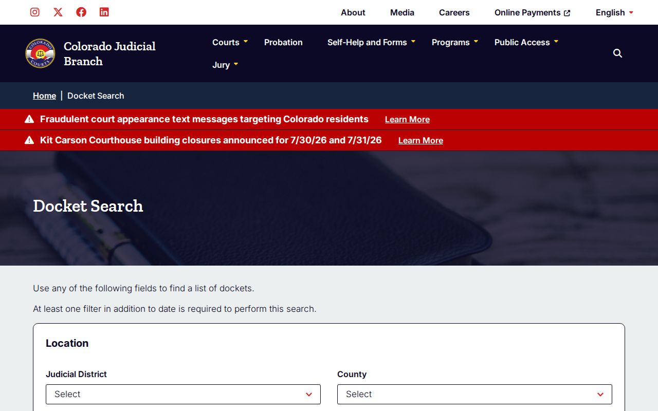 Hinsdale County court dockets statewide docket search form