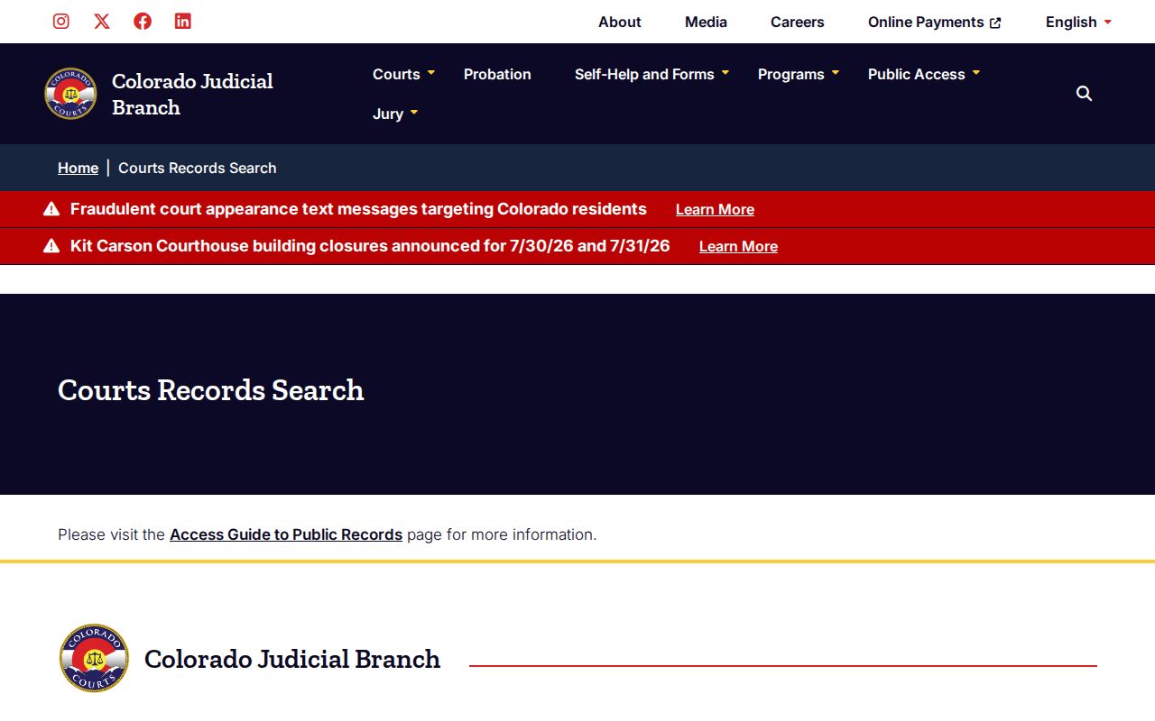 Hinsdale County court records Judicial Branch court records search landing page