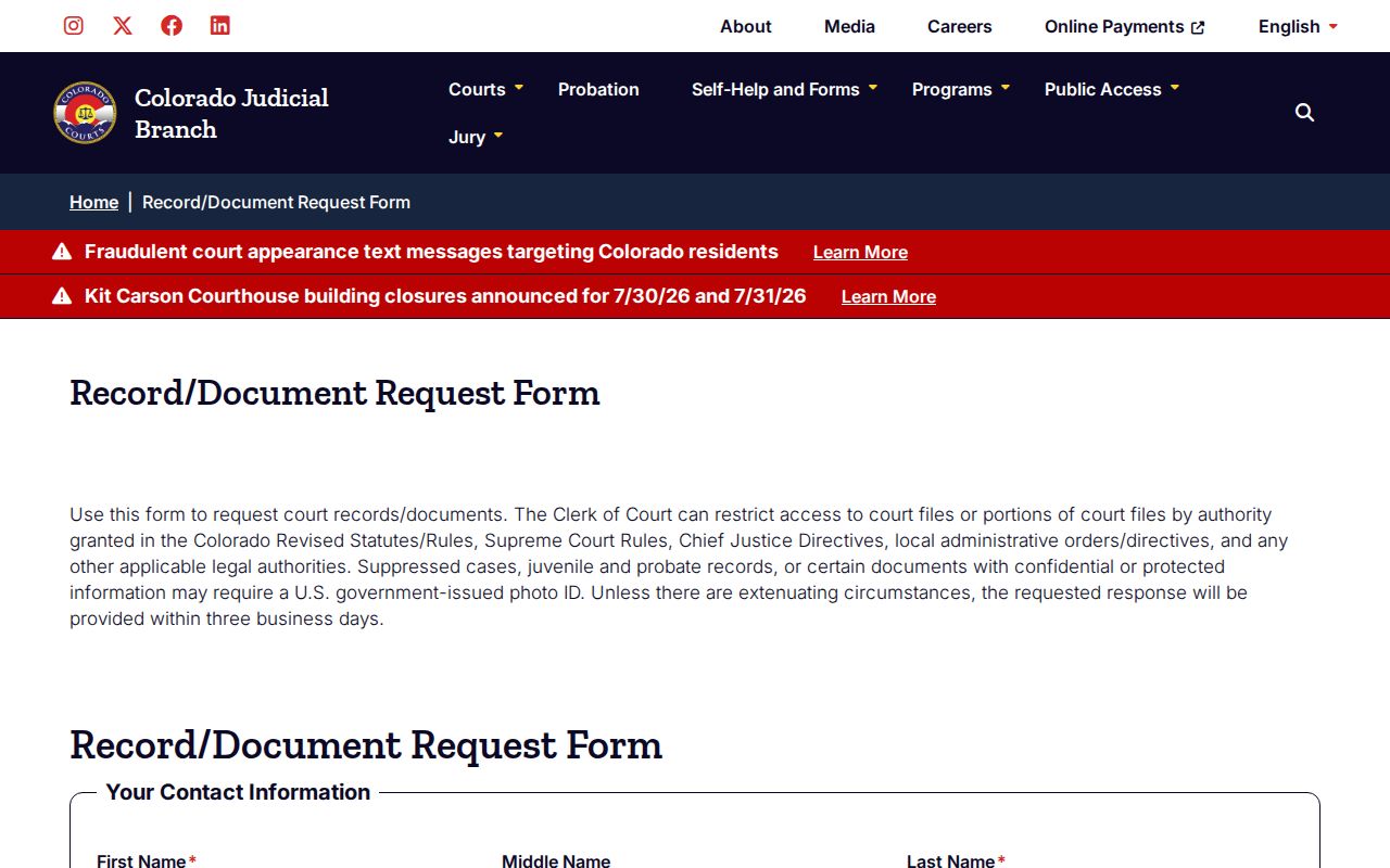 Hinsdale County court records Judicial Branch record document request form