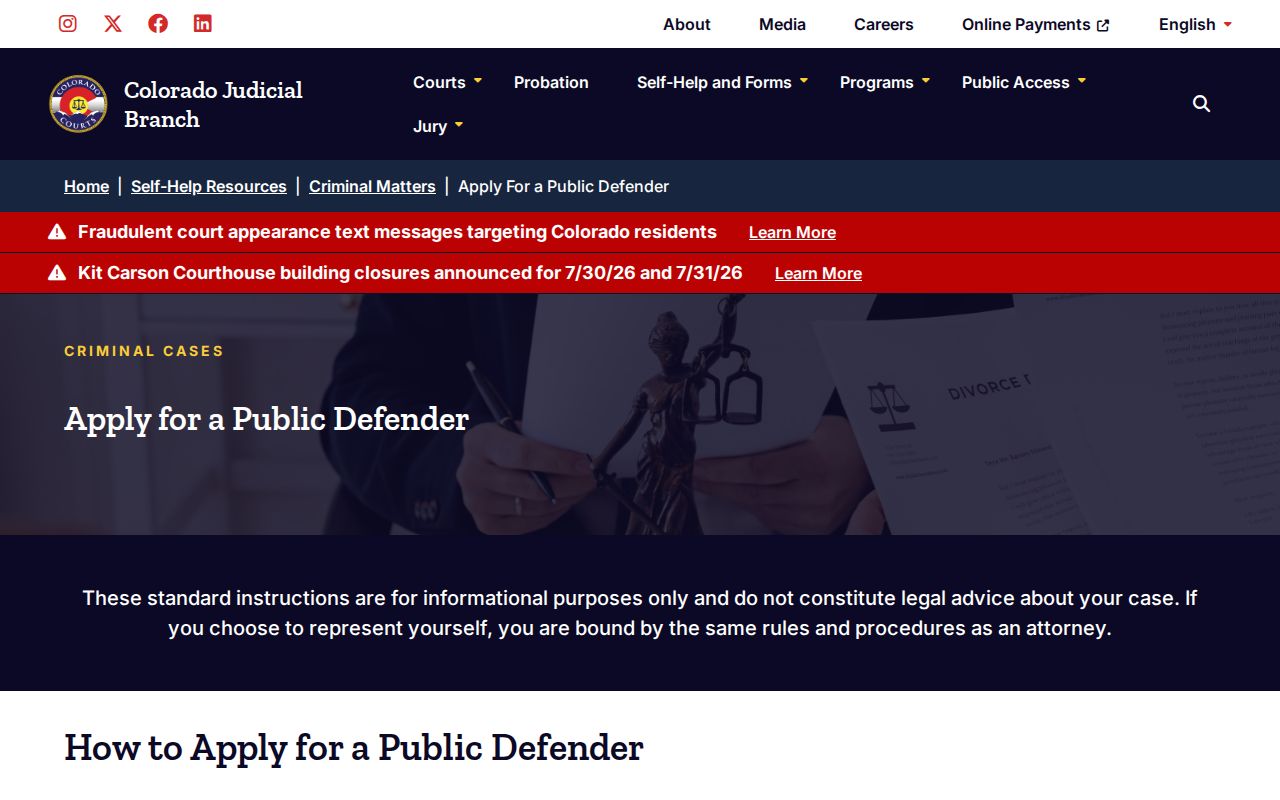 Hinsdale County criminal court records public defender application resource