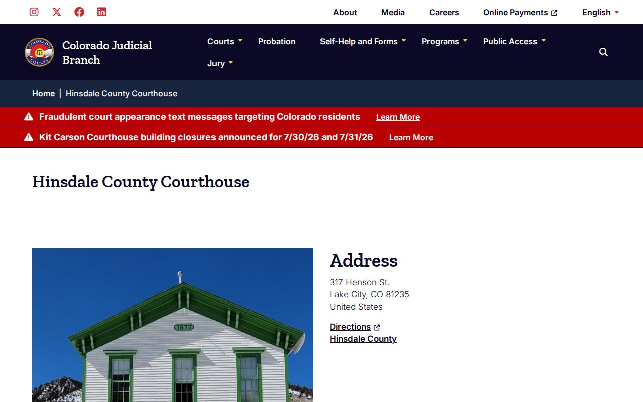 Hinsdale County court records courthouse location contact block