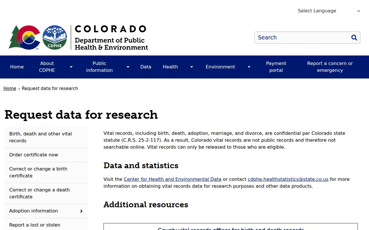 Hinsdale County marriage and divorce records CDPHE research data request page