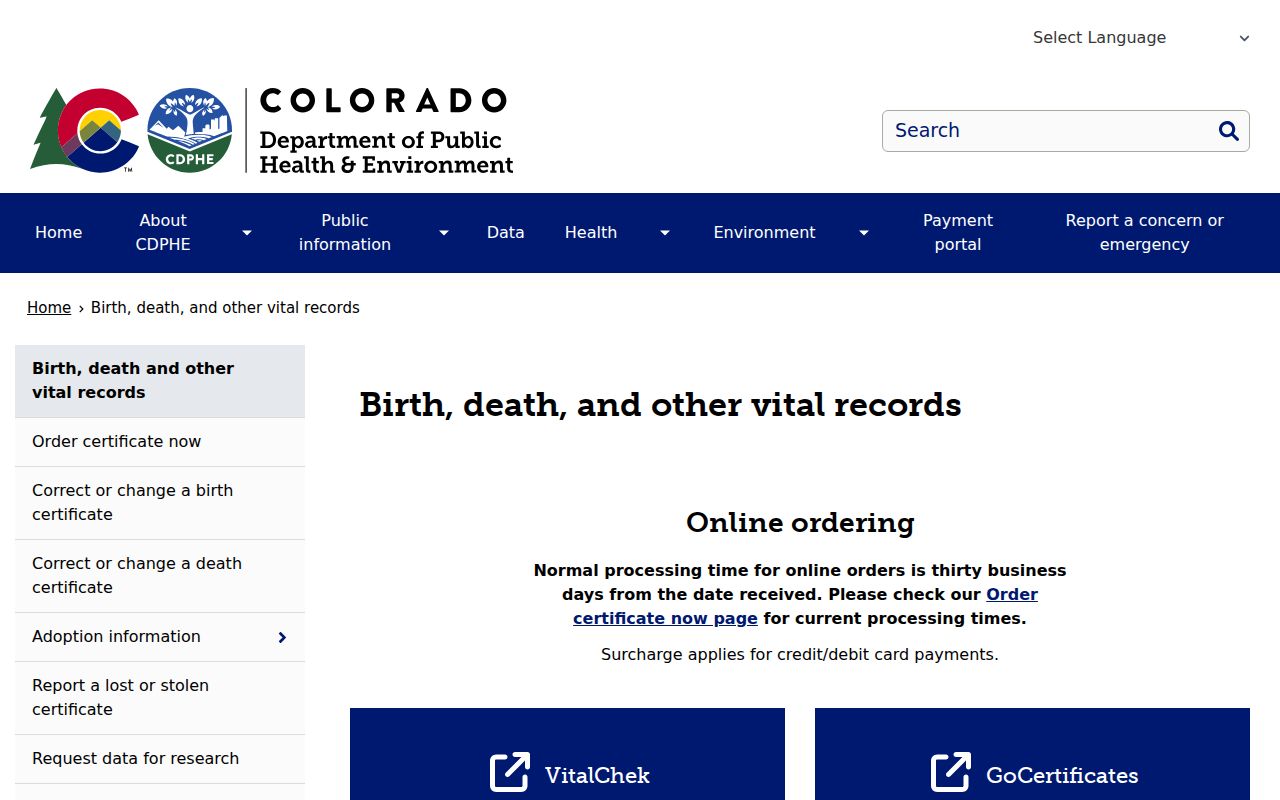 Hinsdale County marriage and divorce records CDPHE vital records page