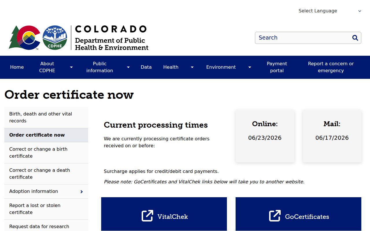 Hinsdale County marriage and divorce records CDPHE certificate ordering page