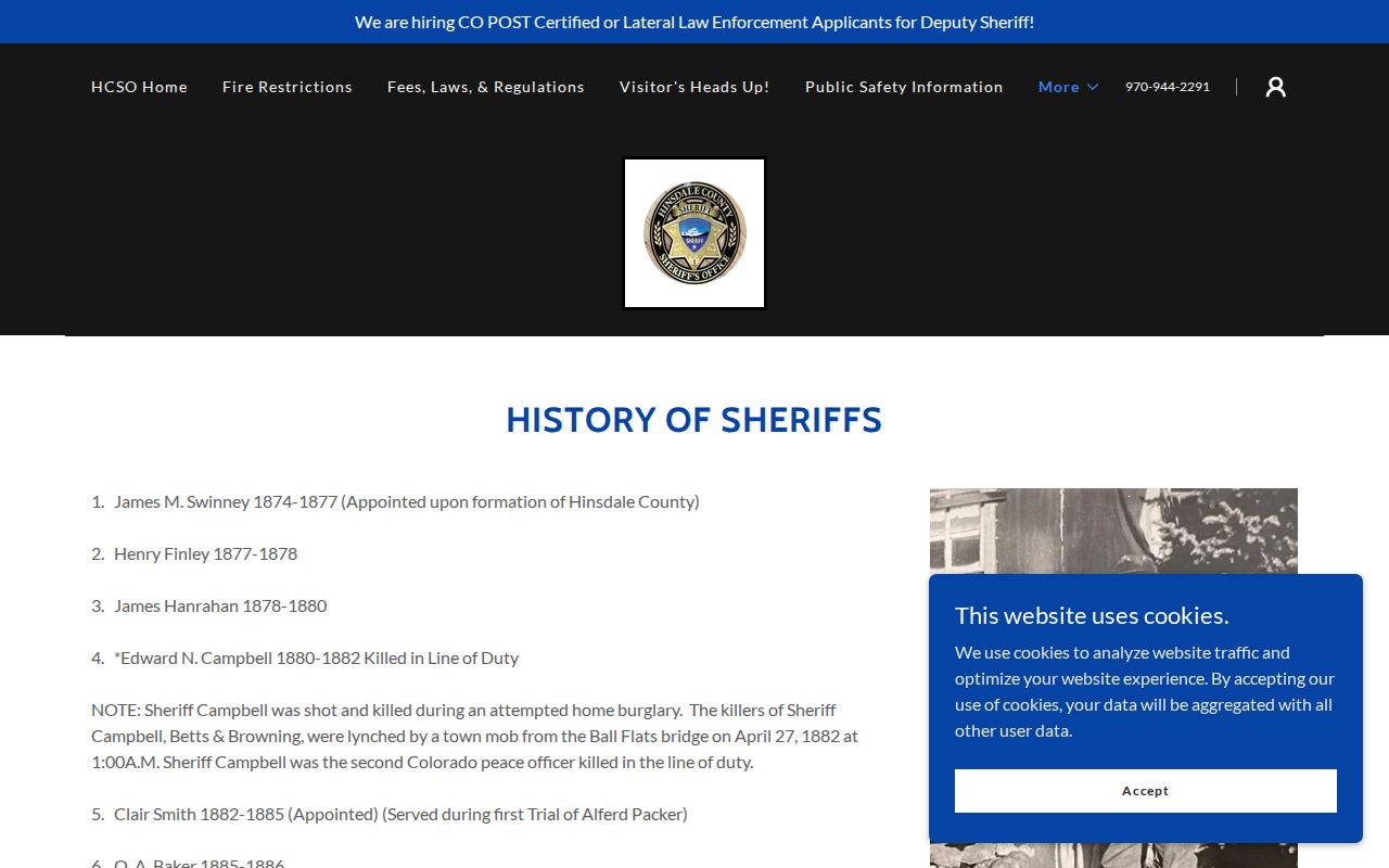 Hinsdale County warrant records sheriff history page